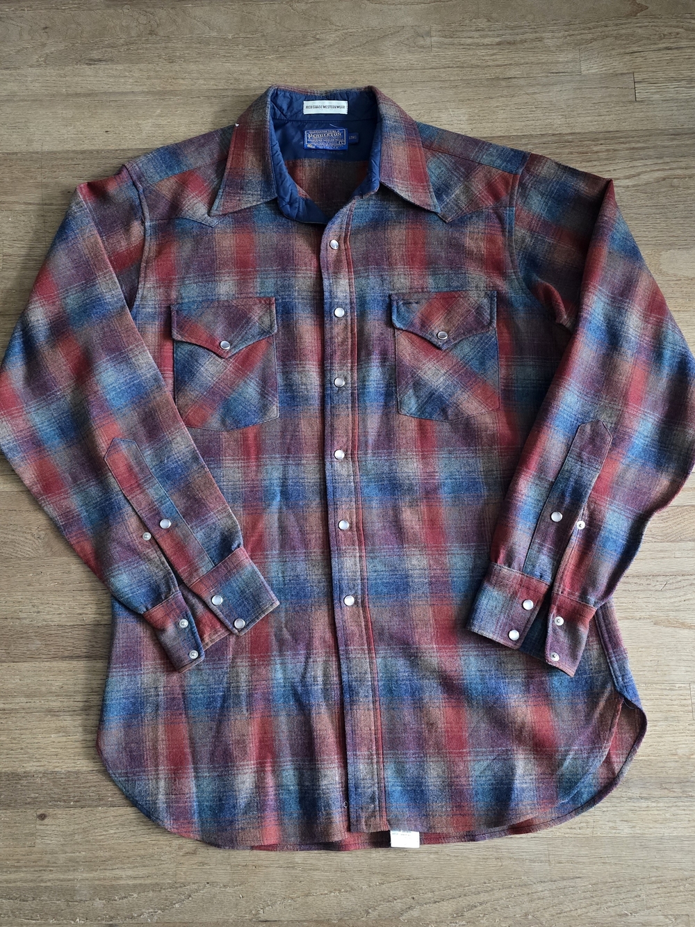 Vintage Pendleton Western Shirt Mens Size Large Tall Red Plaid Wool Pearl Snap